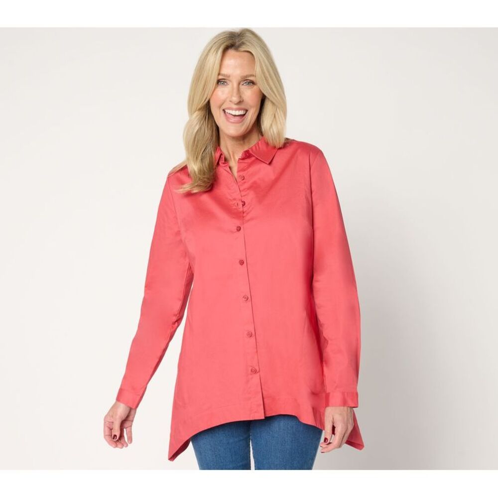 SUNNYLiFE Women's Top Petite PM Denim & Co. Button Front Poplin Tunic Red